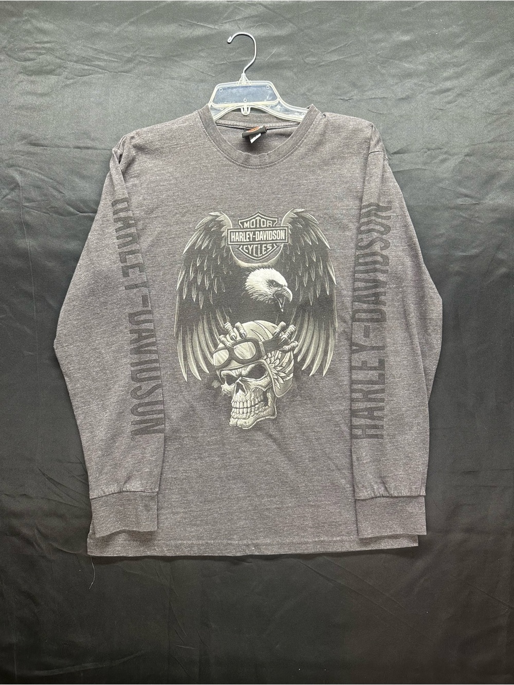 F-09 Harley-Davidson Gray Long Sleeve Skull & Eagle Graphic Tee Sz Medium